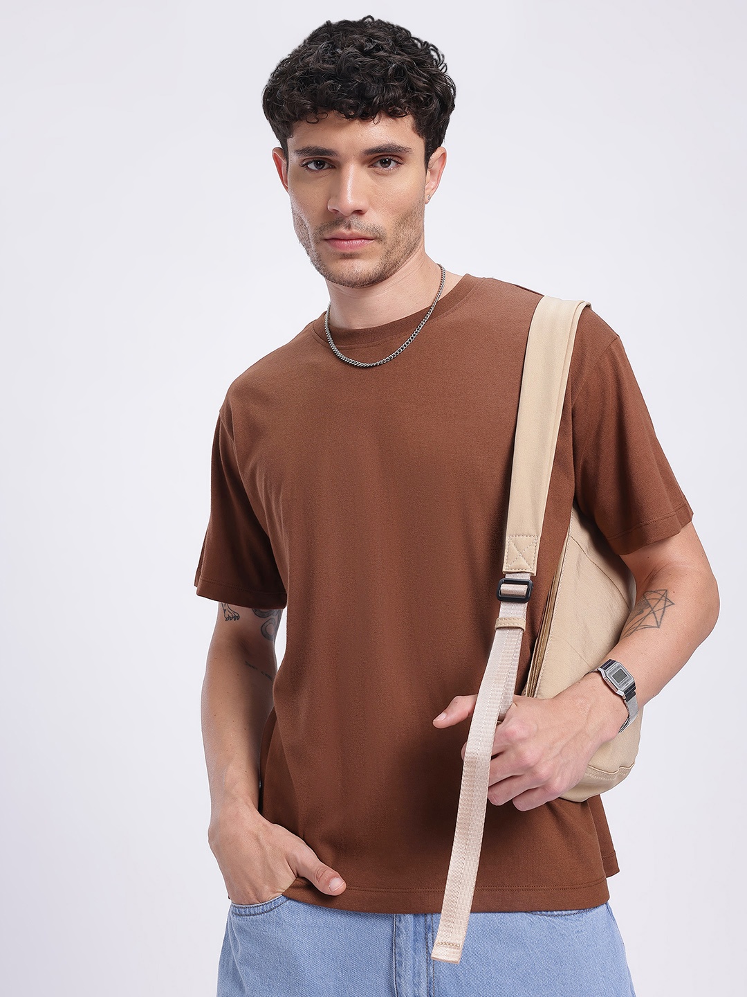 

glitchez Earthy Edge Drop-Shoulder Sleeves Oversized T-shirt, Brown