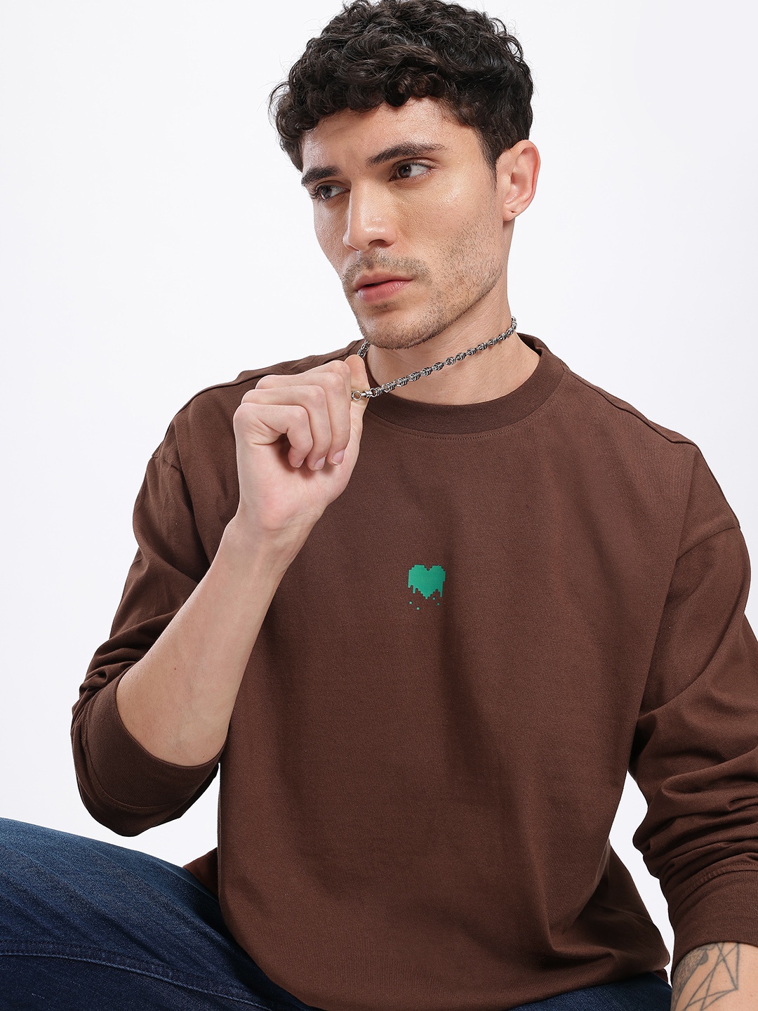 

glitchez Heart Chic Detail Oversized T-shirt, Brown
