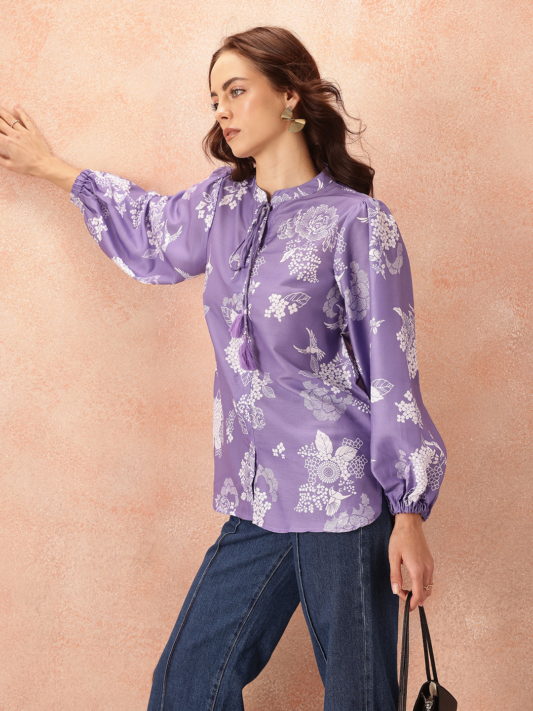 

all about you Floral Print Tie-Up Neck Puff Sleeve Top, Purple