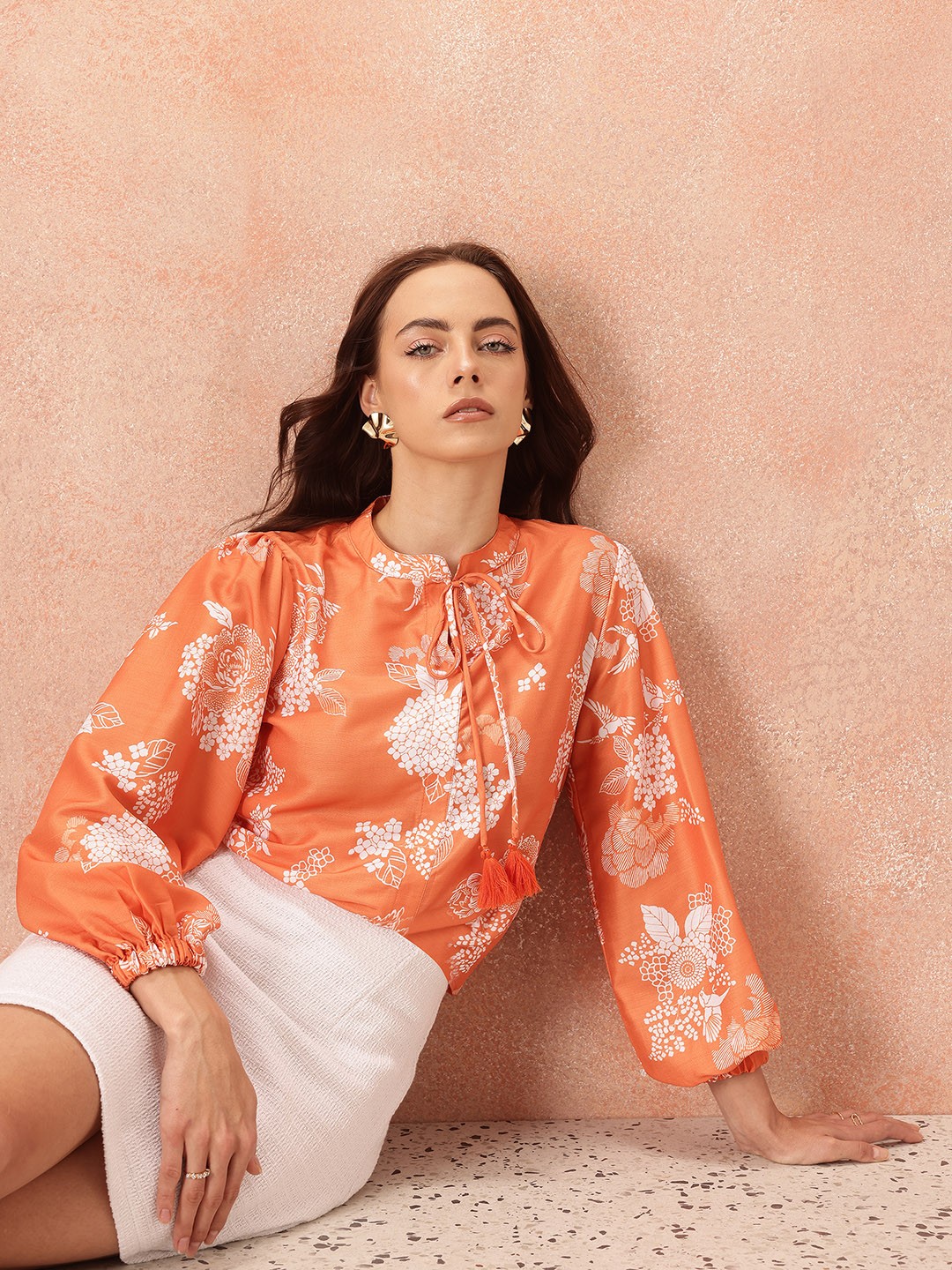 

all about you Floral Print Tie-Up Neck Puff Sleeve Top, Orange
