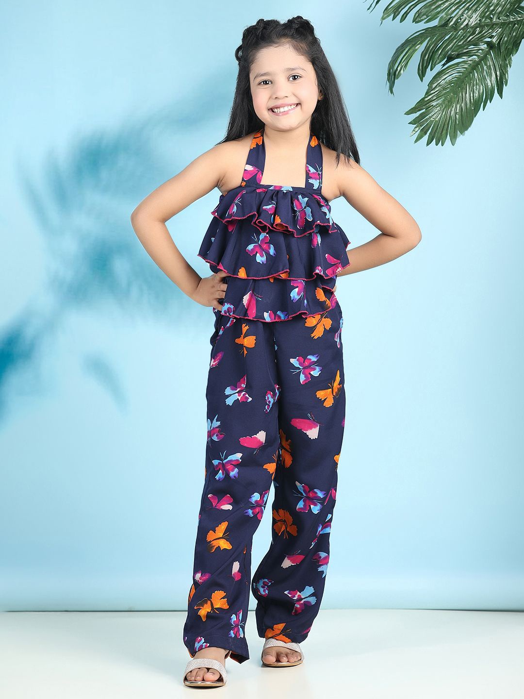 

Cutiekins Girls Printed Basic Jumpsuit with Ruffles, Navy blue