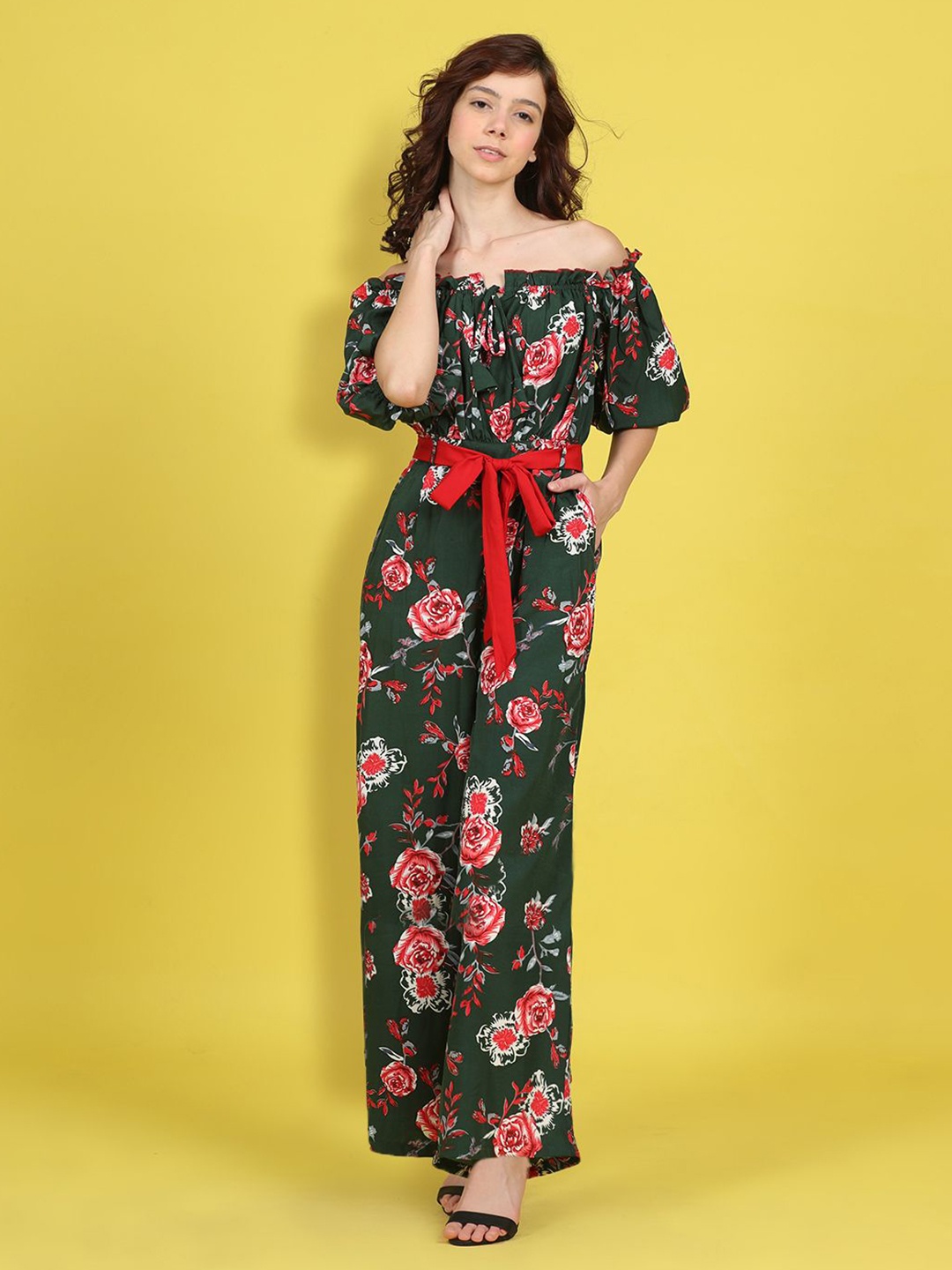 

Cutiekins Girls Off-Shoulder Printed Basic Jumpsuit, Green