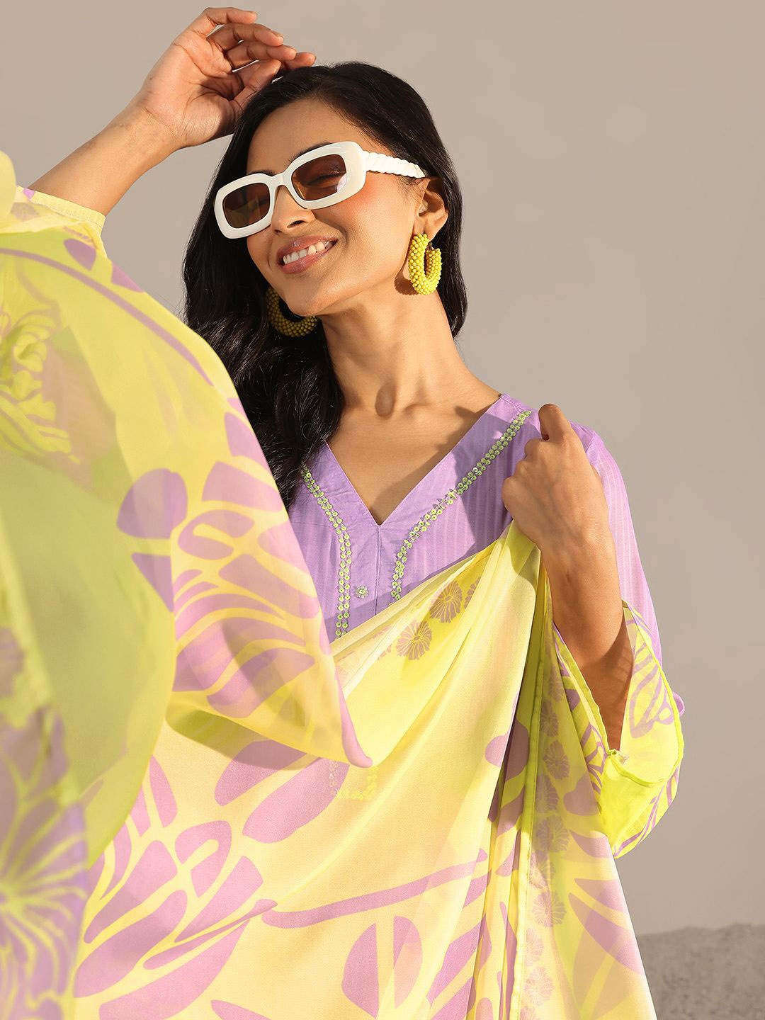

Libas Floral Embroidered V-Neck Sequinned Straight Kurta With Trouser & Dupatta, Lavender
