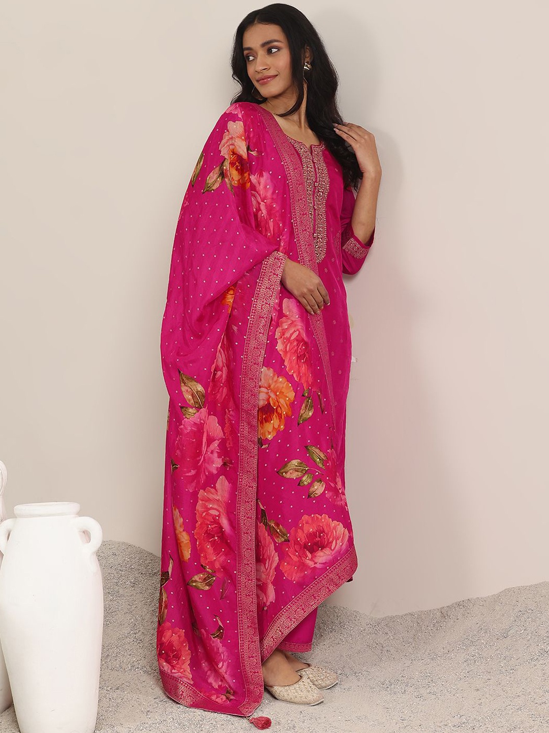 

Libas Floral Embroidered Notch Neck Sequinned Straight Kurta With Trouser & Dupatta, Pink