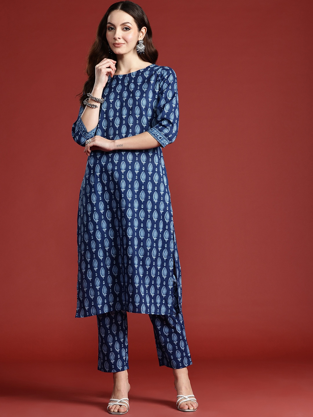 

Indo Era Ethnic Motifs Printed Pure Cotton Kurta with Trousers, Navy blue