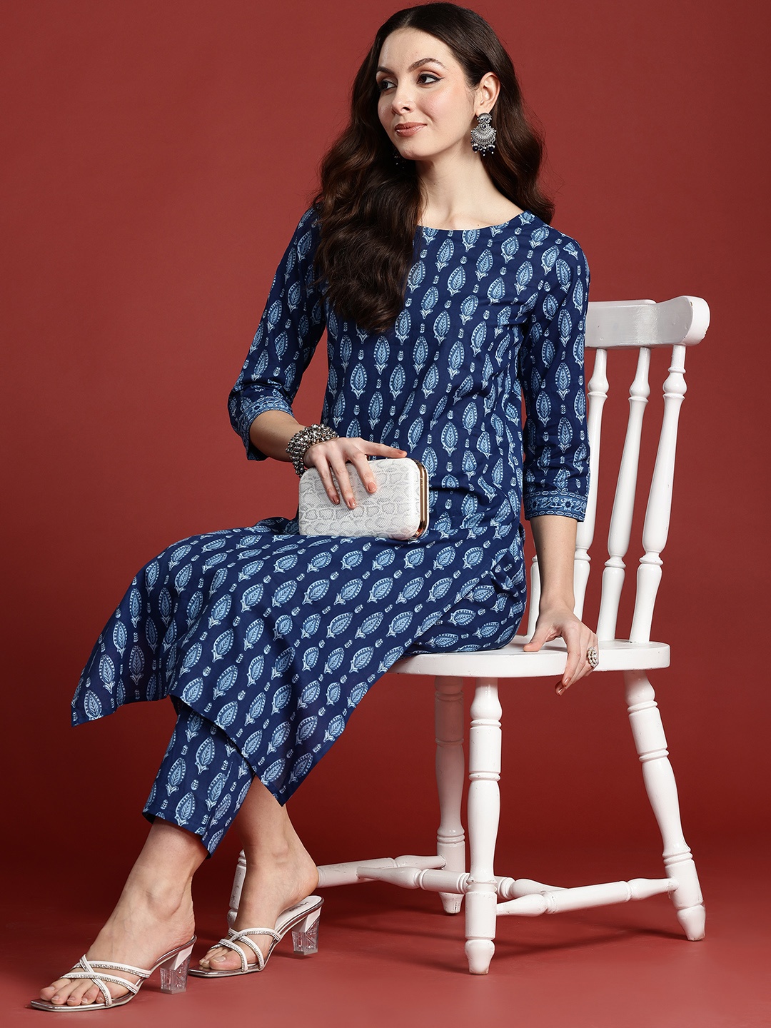 

Indo Era Ethnic Motifs Printed Pure Cotton Kurta with Trousers, Navy blue