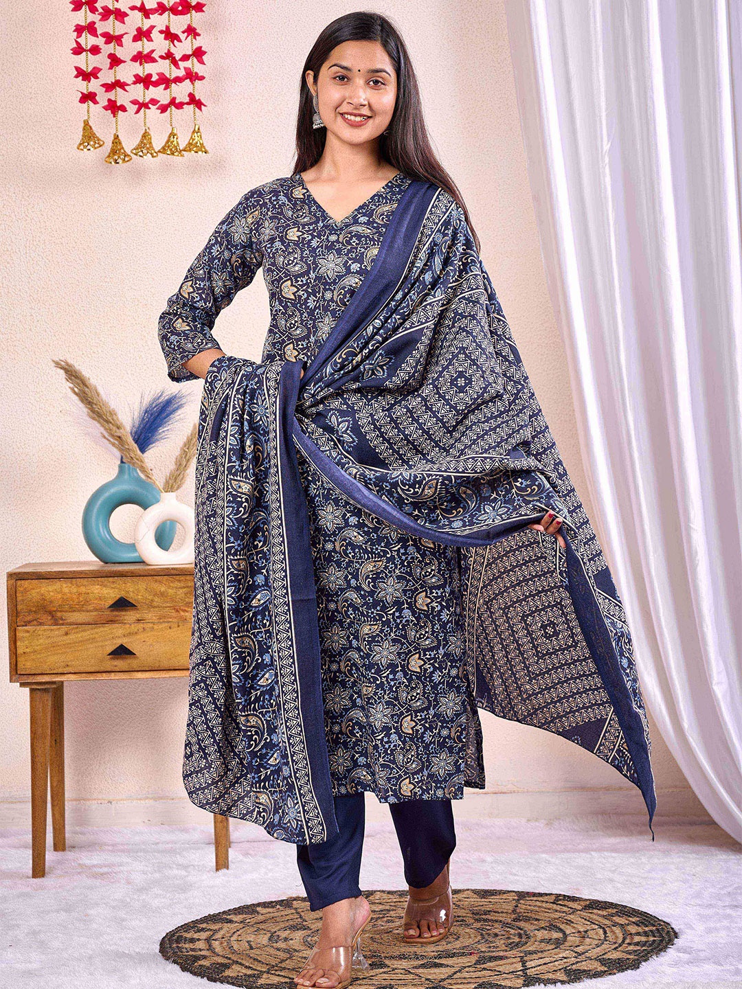 

Nayo Floral Printed Straight Kurta with Trousers & Dupatta, Navy blue