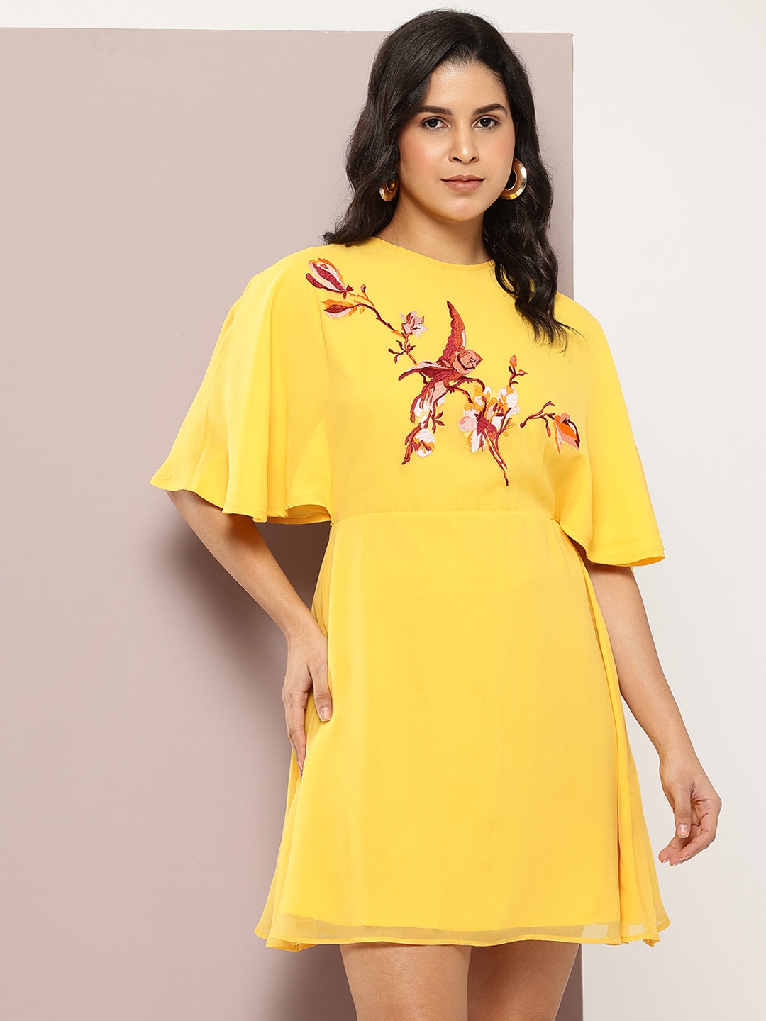 

aaliya Floral Embroidered Flared Sleeve Georgette A-Line Mini Dress, Yellow