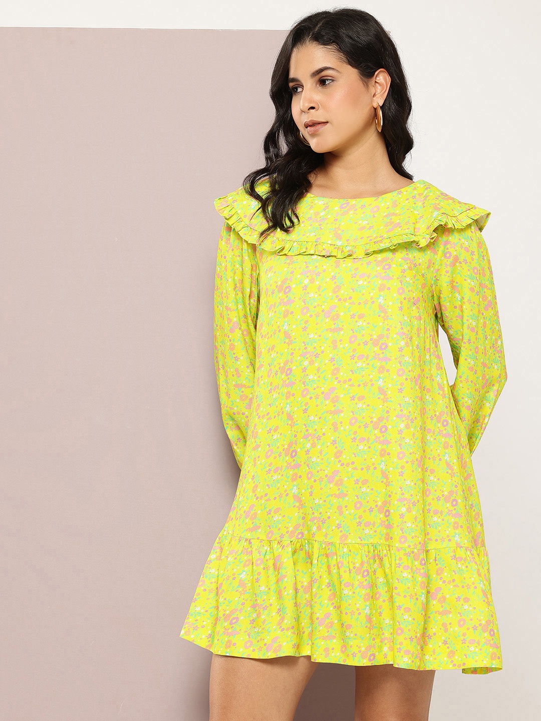 

aaliya Floral Print Puff Sleeve Ruffled A-Line Mini Dress, Yellow