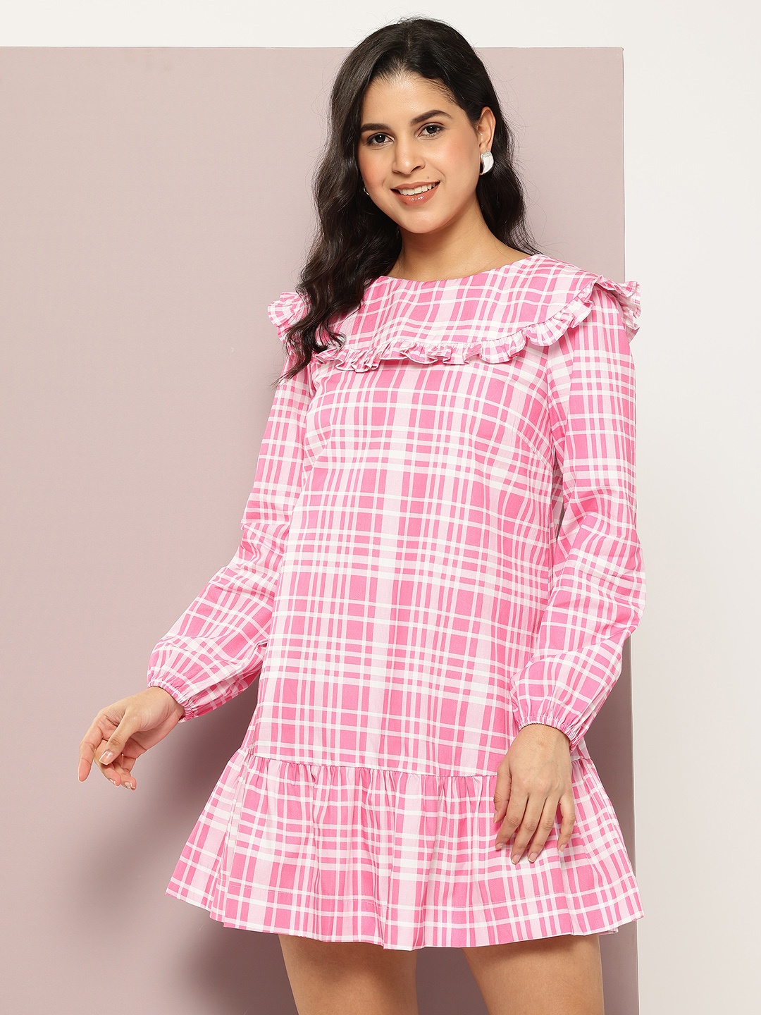 

aaliya Checked Puff Sleeve Ruffled A-Line Mini Dress, Pink