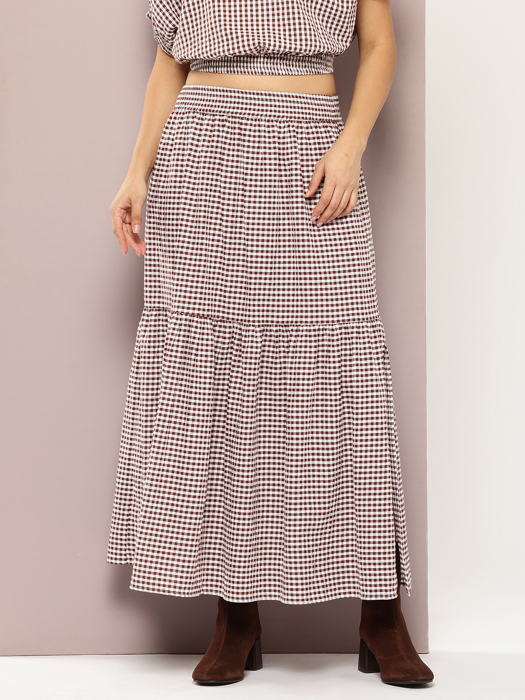 

aaliya Checked Tiered Flared Maxi Skirt, Brown