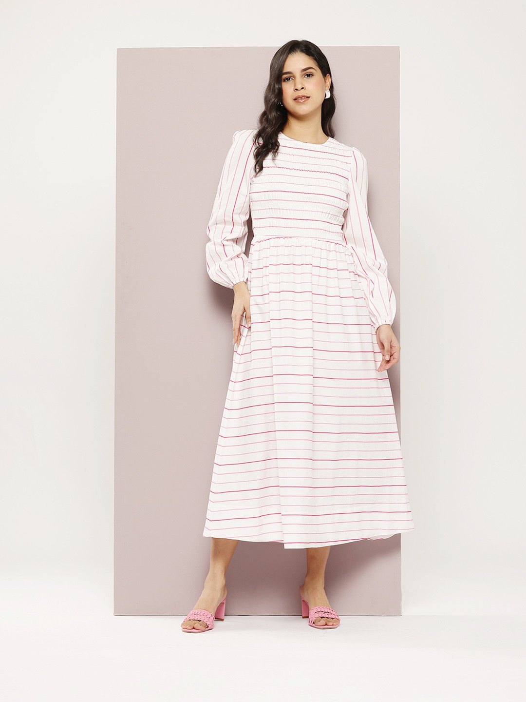 

aaliya Striped Puff Sleeve Fit & Flare Midi Dress, White