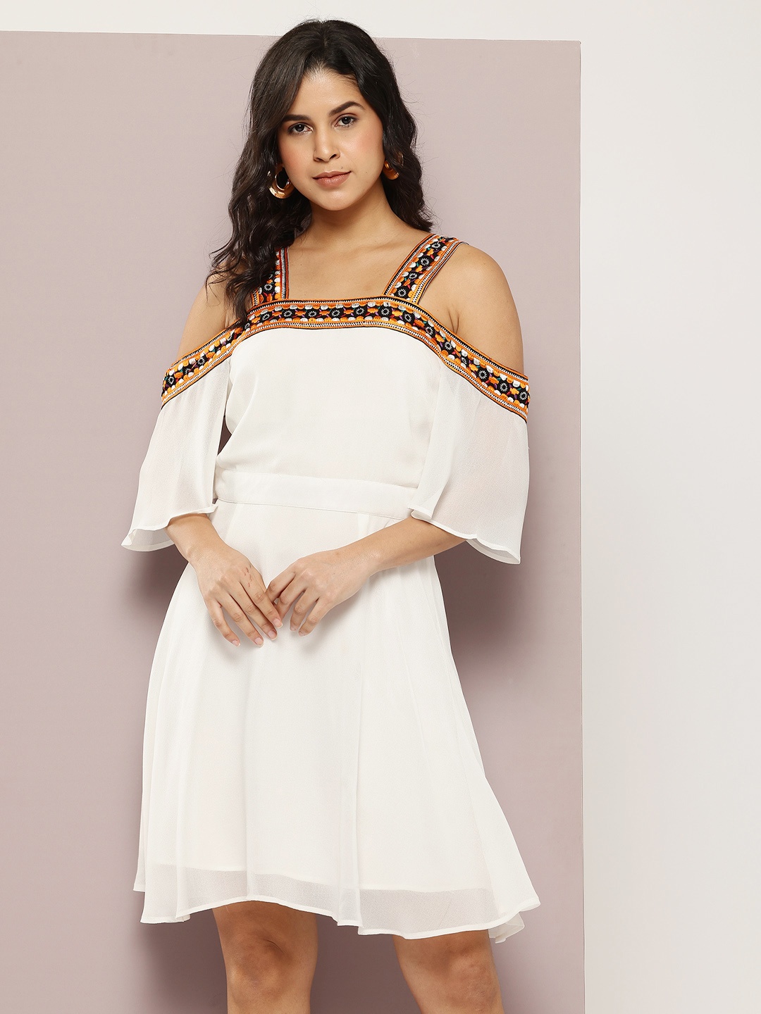 

aaliya Colourblocked Cold-Shoulder A-Line Dress, White