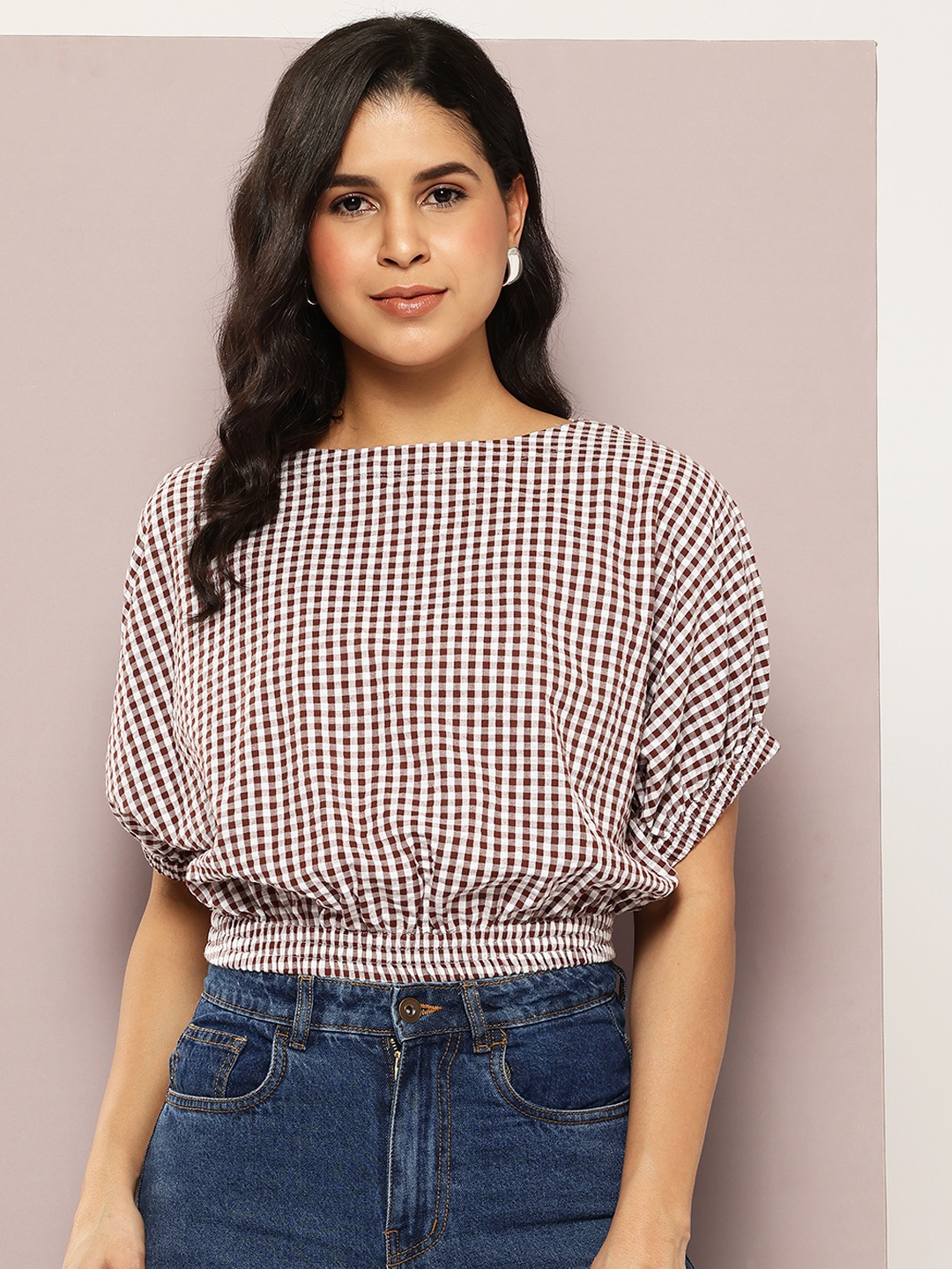 

aaliya Checked Batwing Sleeves Crop Top, Brown