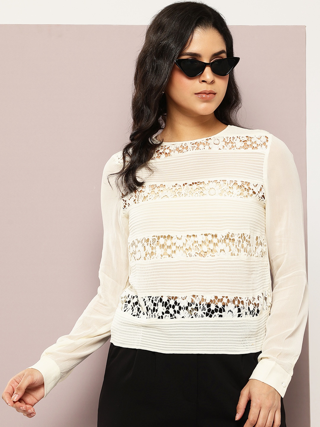 

aaliya Floral Laced Georgette Top, Off white