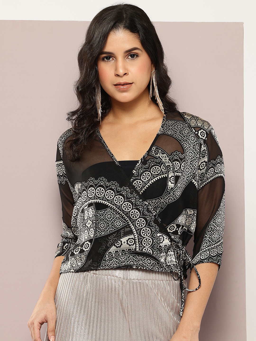 

aaliya Ethnic Print Wrap Crop Top, Black