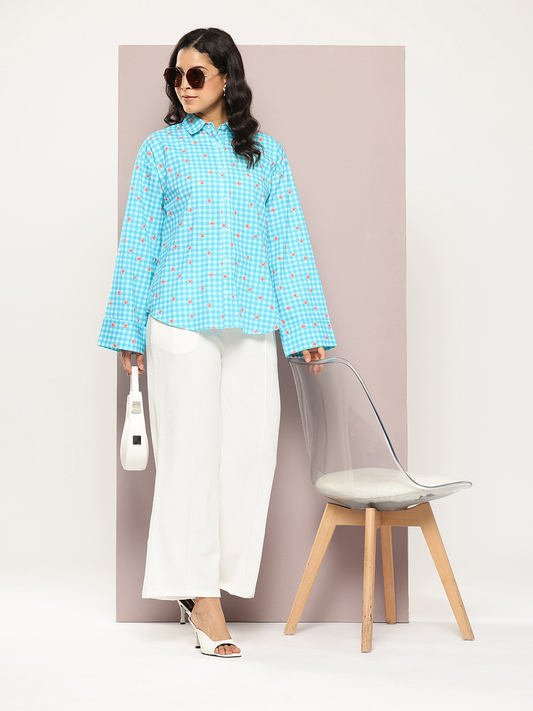 

aaliya Checked Flared Sleeve Shirt Style Top, Blue