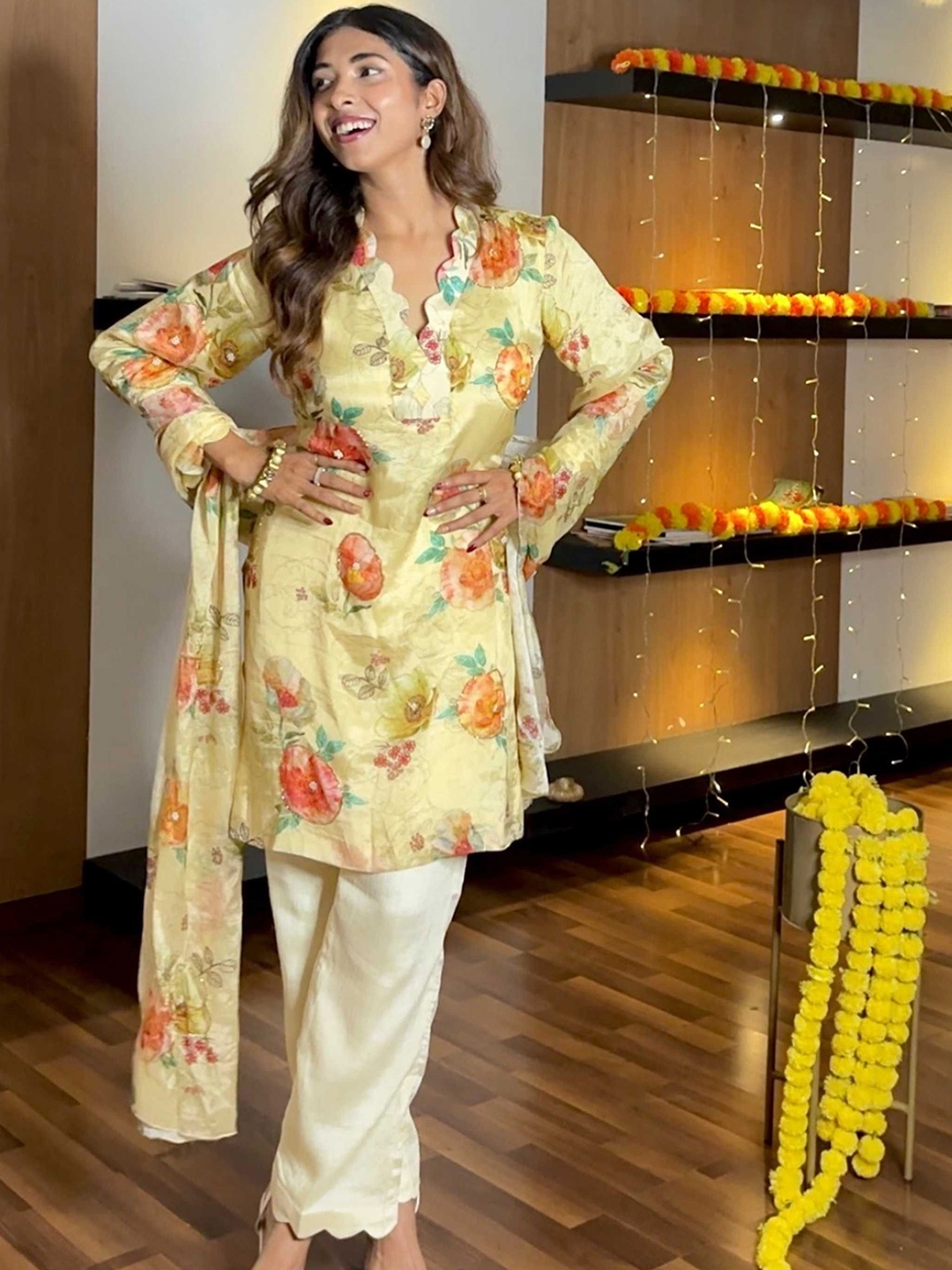 

ALLUREARMOIRE Floral Printed V-Neck Straight Organza Kurta With Trousers & Dupatta, Yellow