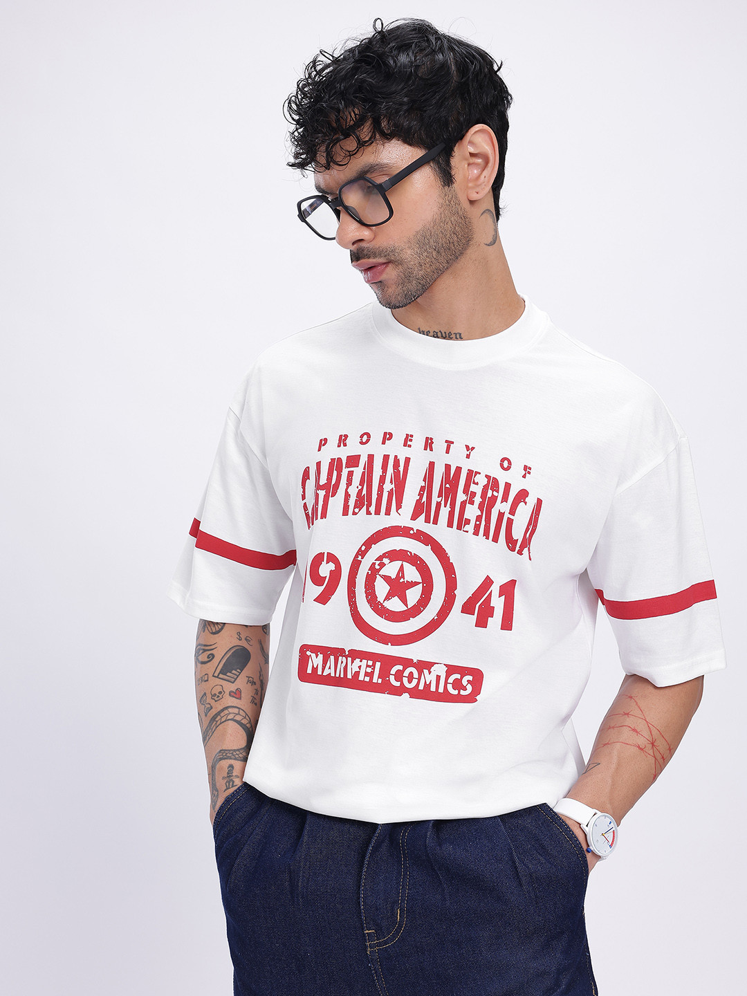 

glitchez Comfy Oversize Captain America Print T-shirt, White