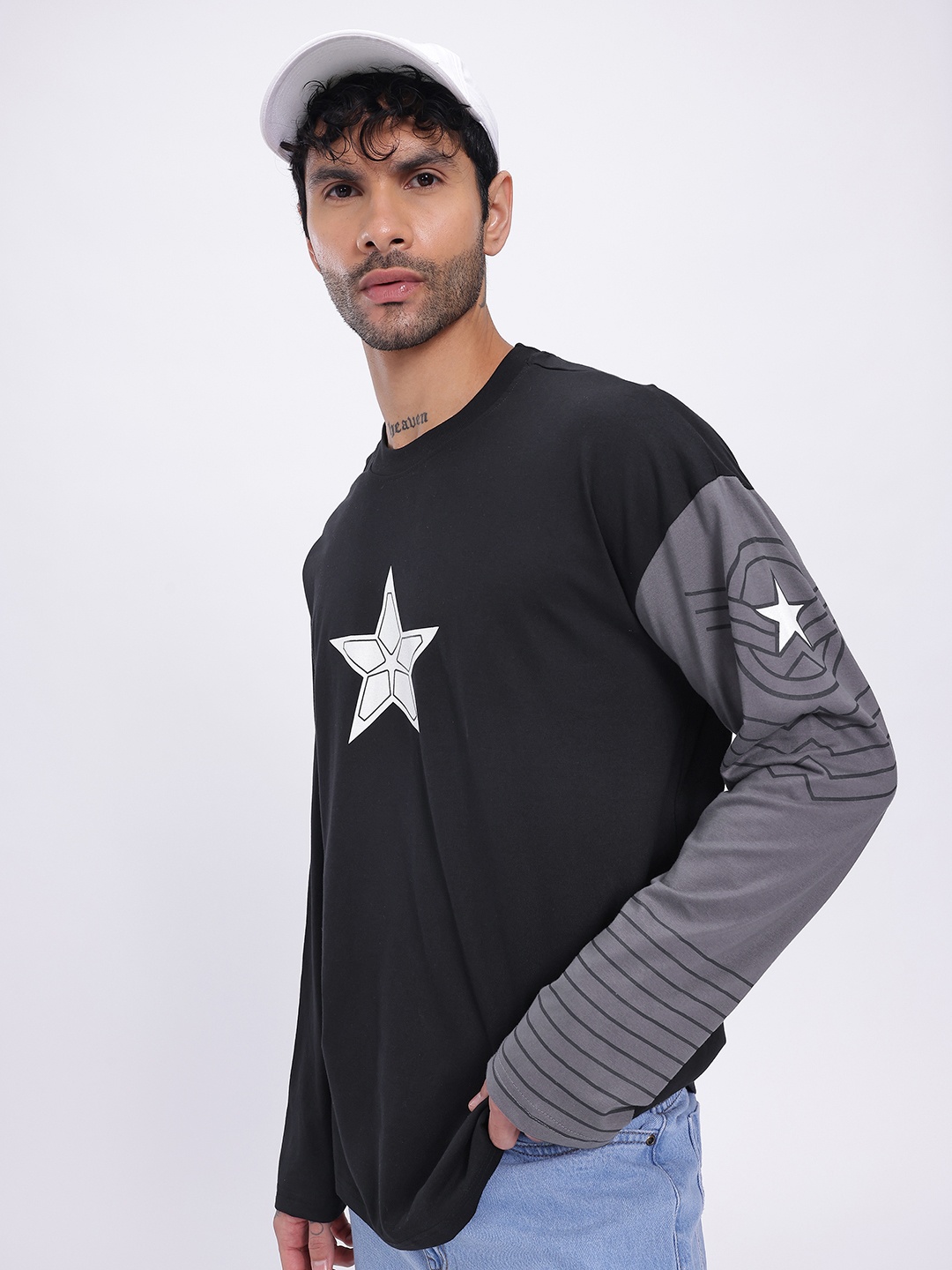 

glitchez Infinity Feels Captain America Print Oversized T-shirt, Black