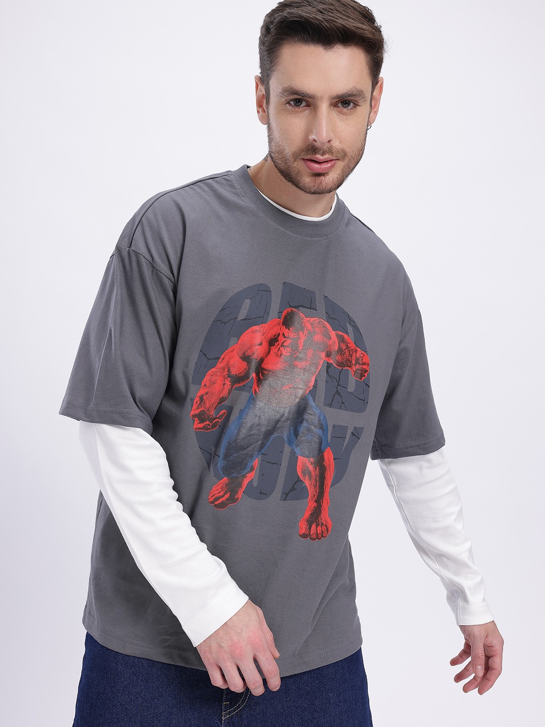 

glitchez Power Play Hulk Print Oversized T-shirt, Grey