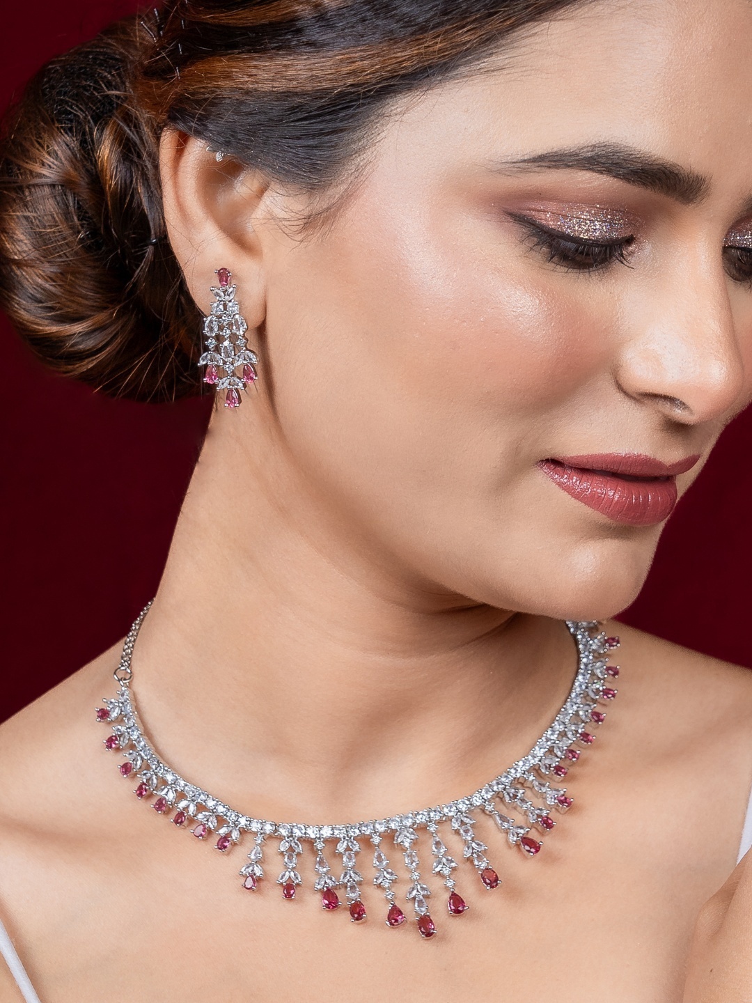 

Niscka Rhodium-Plated American Diamond Studded Jewellery Set, Silver