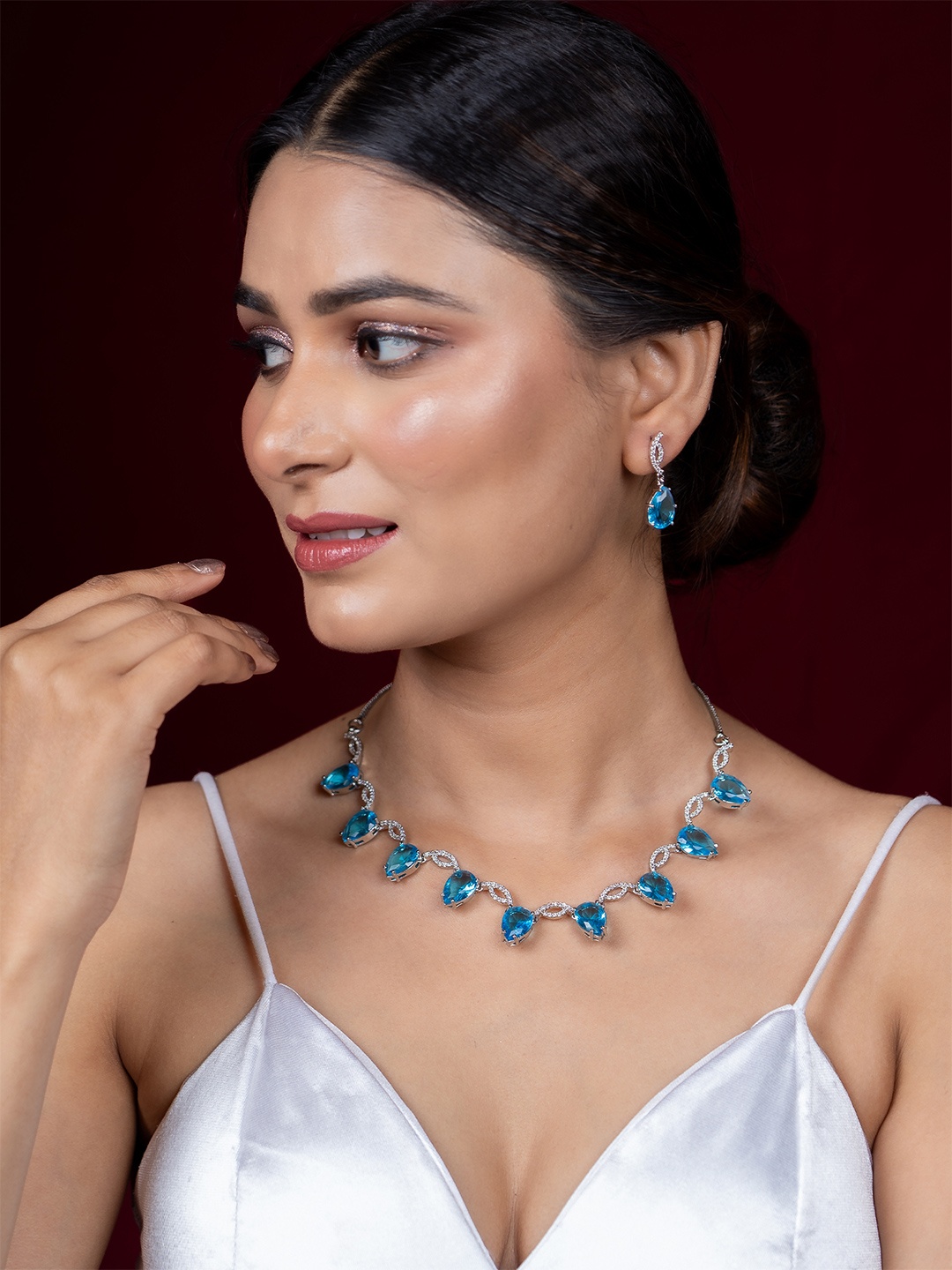 

Niscka Rhodium-Plated American Diamond Studded Jewellery Set, Silver