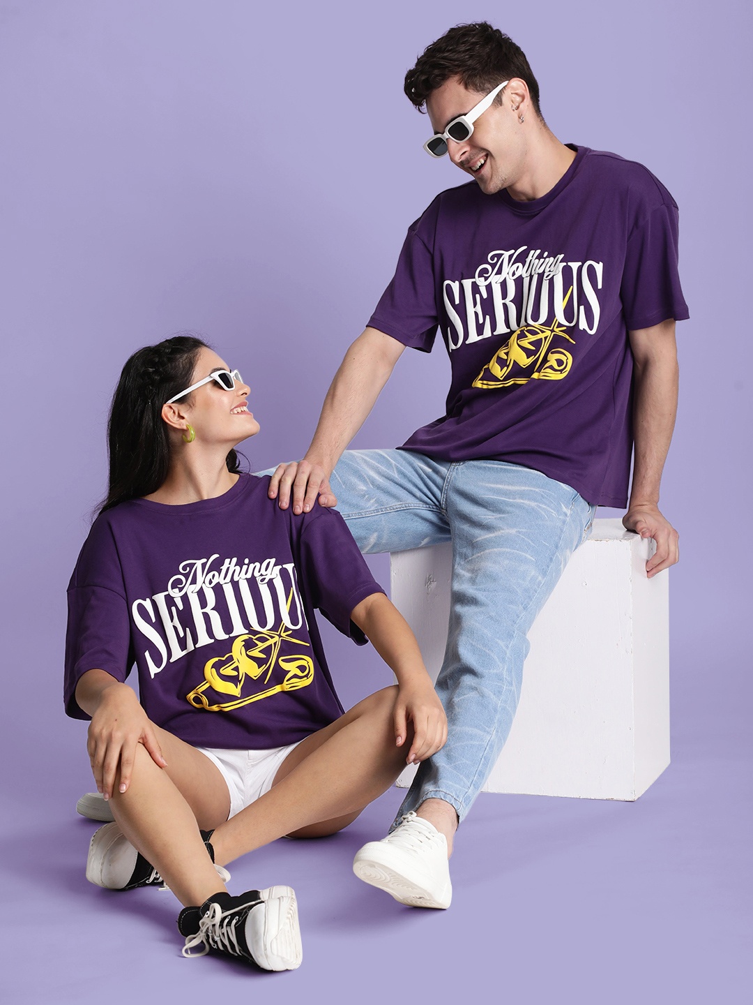 

Bene Kleed Men Nothing Serious Typography Printed Round Neck Cotton Oversized T-shirt, Purple