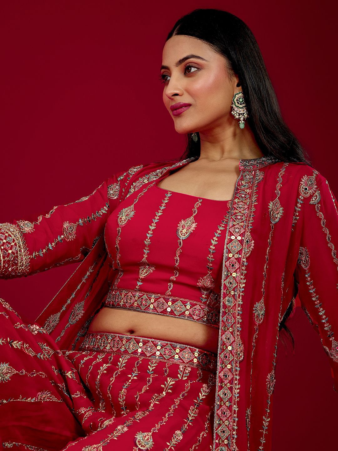 

Libas Art Ethnic Motifs Embroidered Top And Palazzo With Shrug, Red