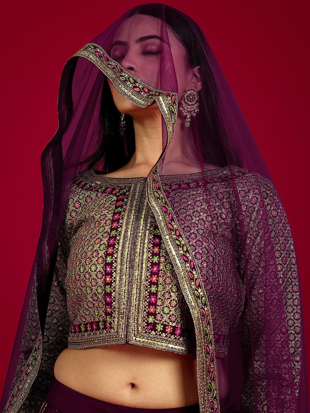 

Libas Embroidered Long Sleeves Top & Palazzos With Dupatta, Burgundy