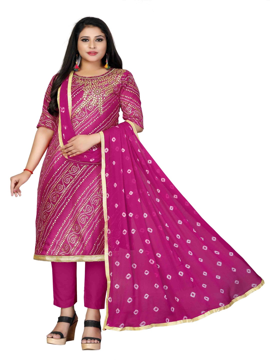 

HERE&NOW Bandhani Gotta Patti Unstitched Dress Material, Pink