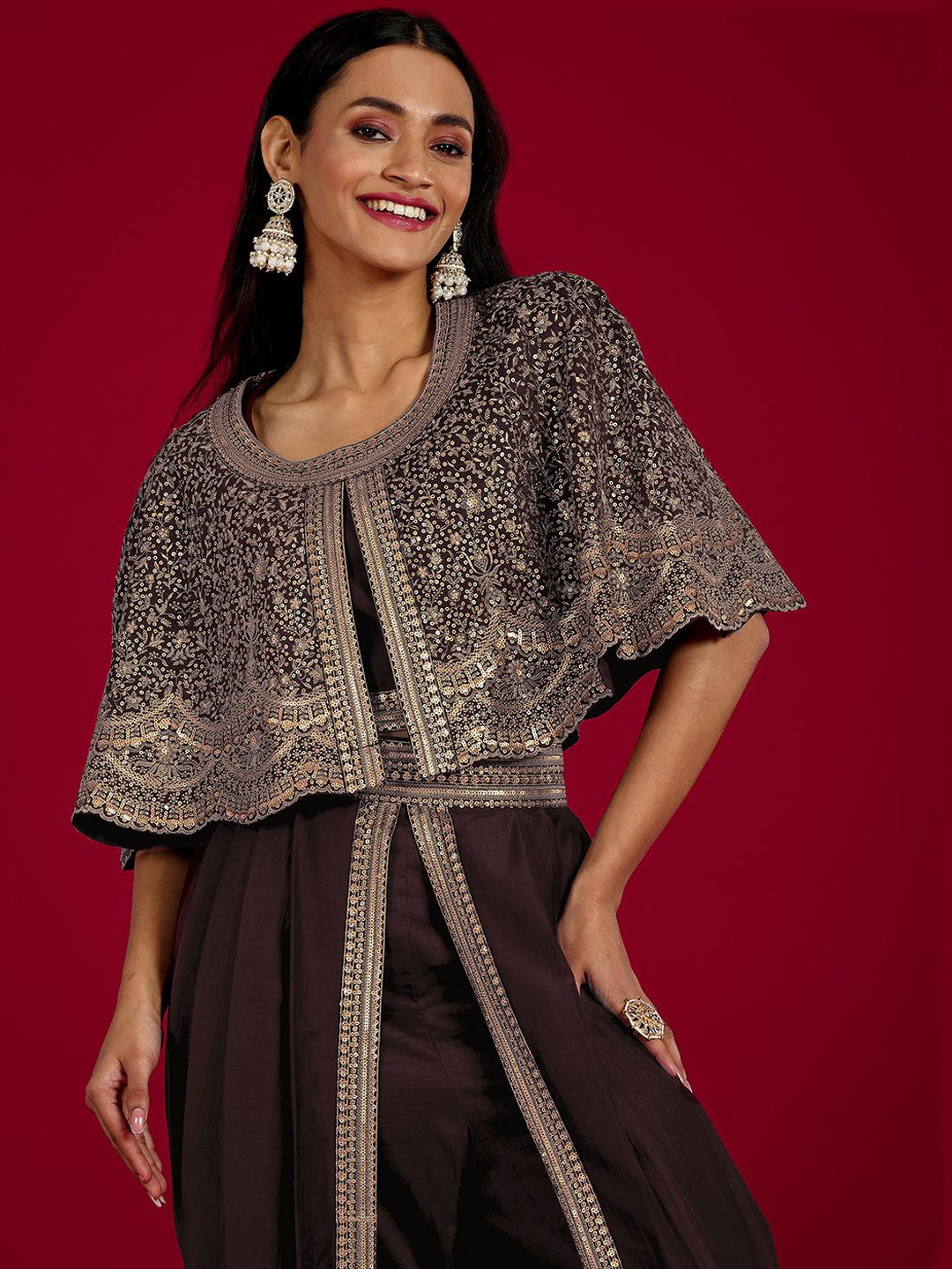 

Libas Art Women Embellished Top & Poncho With Dhoti Co-Ords Set, Burgundy