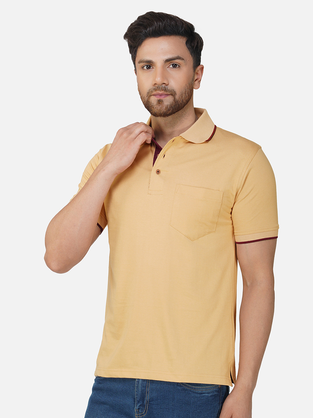 

ALARM Men Solid Polo Collar Cotton Slim Fit T-shirt, Beige