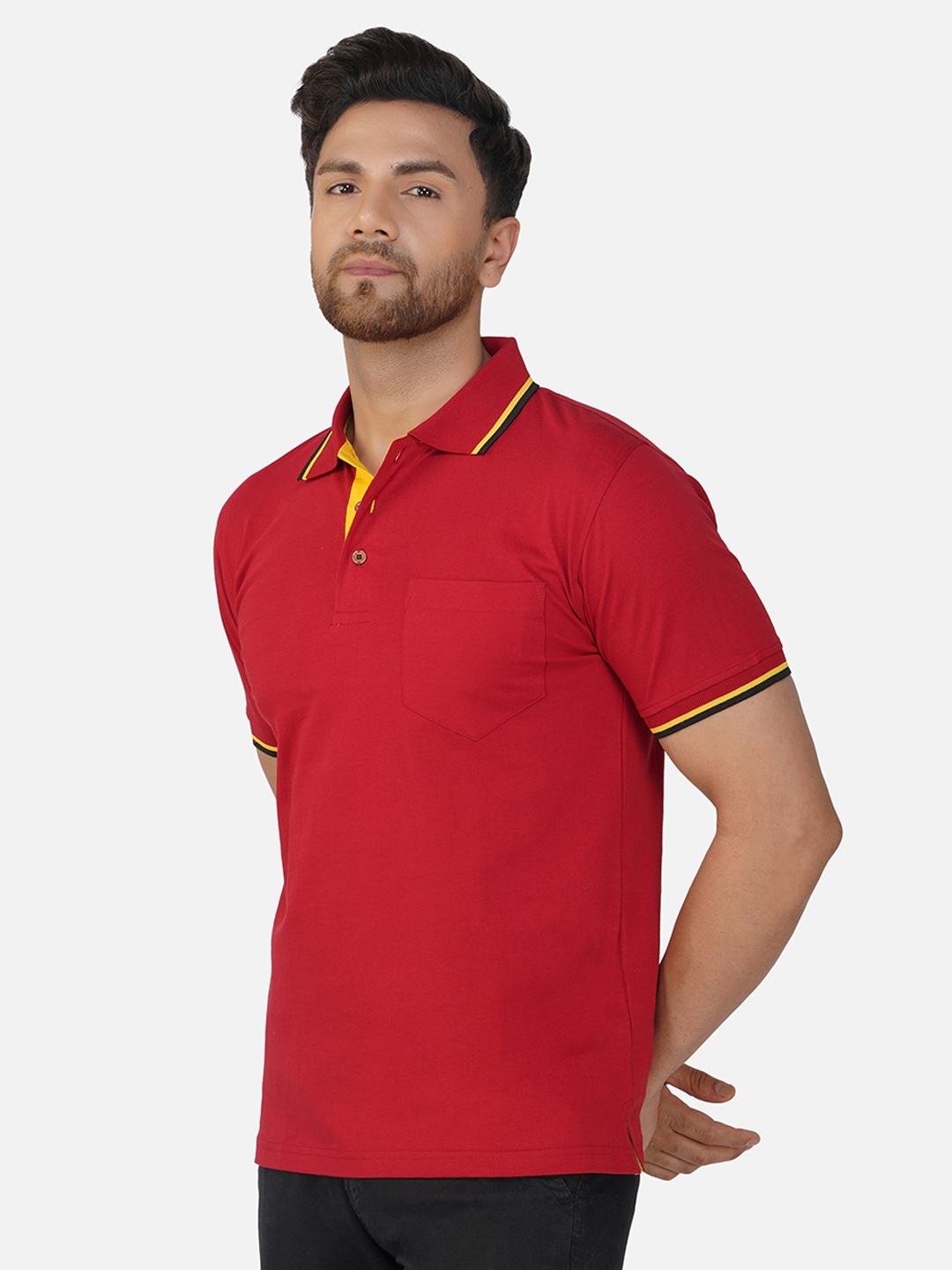 

ALARM Men Solid Polo Collar Cotton T-shirt, Red