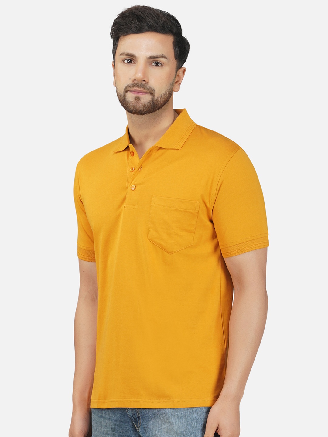 

ALARM Men Solid Polo Collar Cotton Slim Fit T-shirt, Mustard