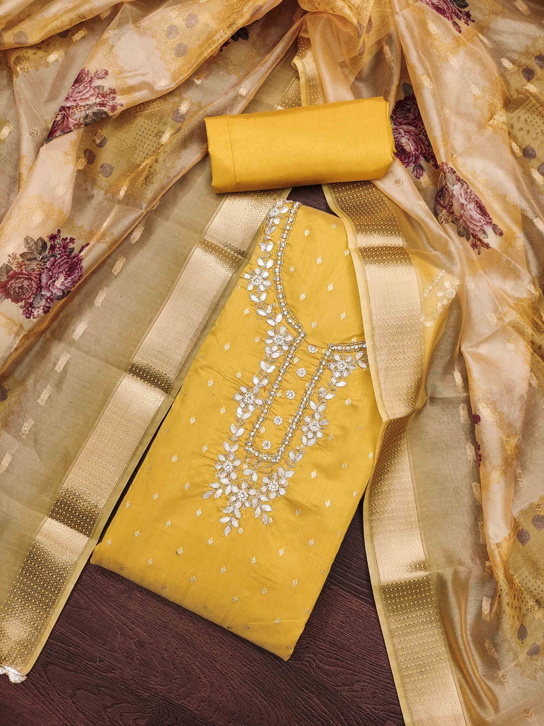 

Blissta Floral woven Design Gotta Patti Unstitched Dress Material, Yellow