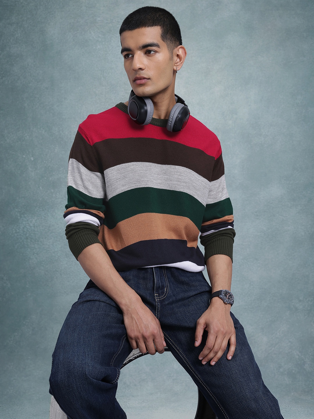 

The Roadster Lifestyle Co. Striped Colourblocked Pullover, Multi