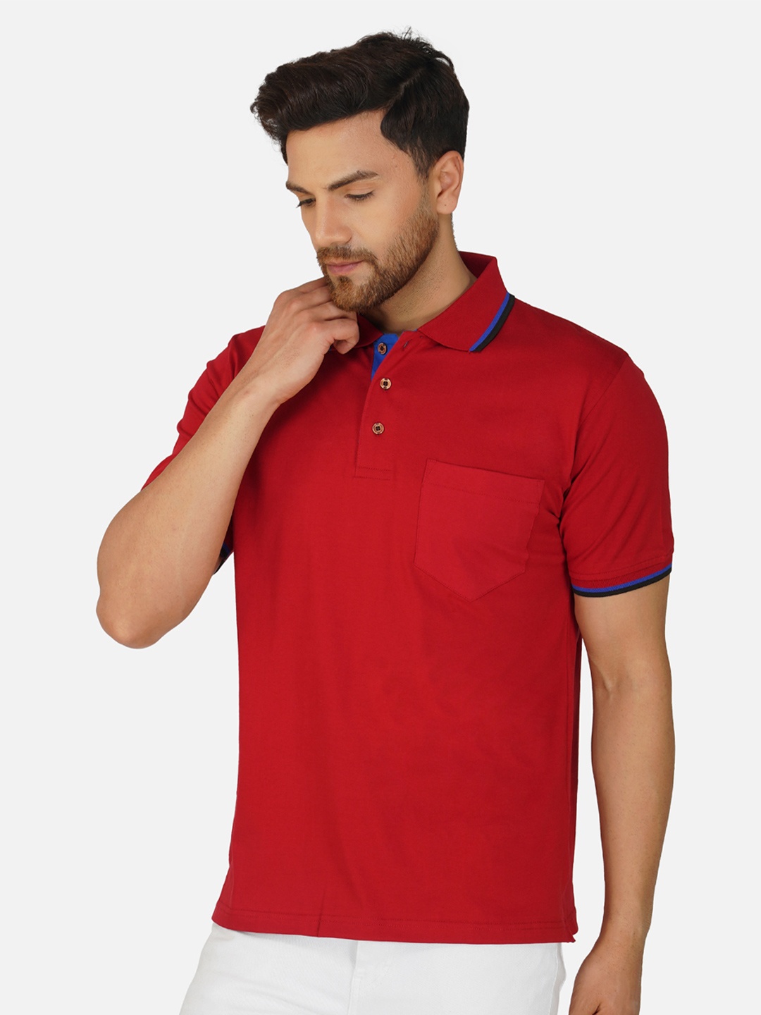 

ALARM Men Solid Polo Collar Cotton T-shirt, Red