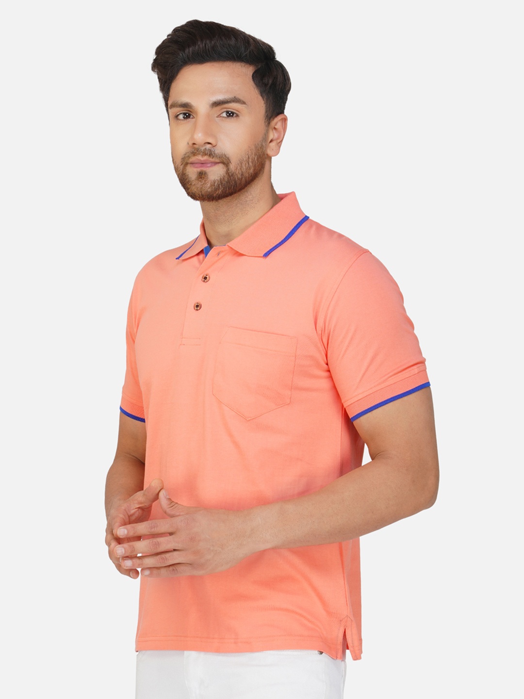 

ALARM Men Solid Polo Collar Cotton T-shirt, Peach