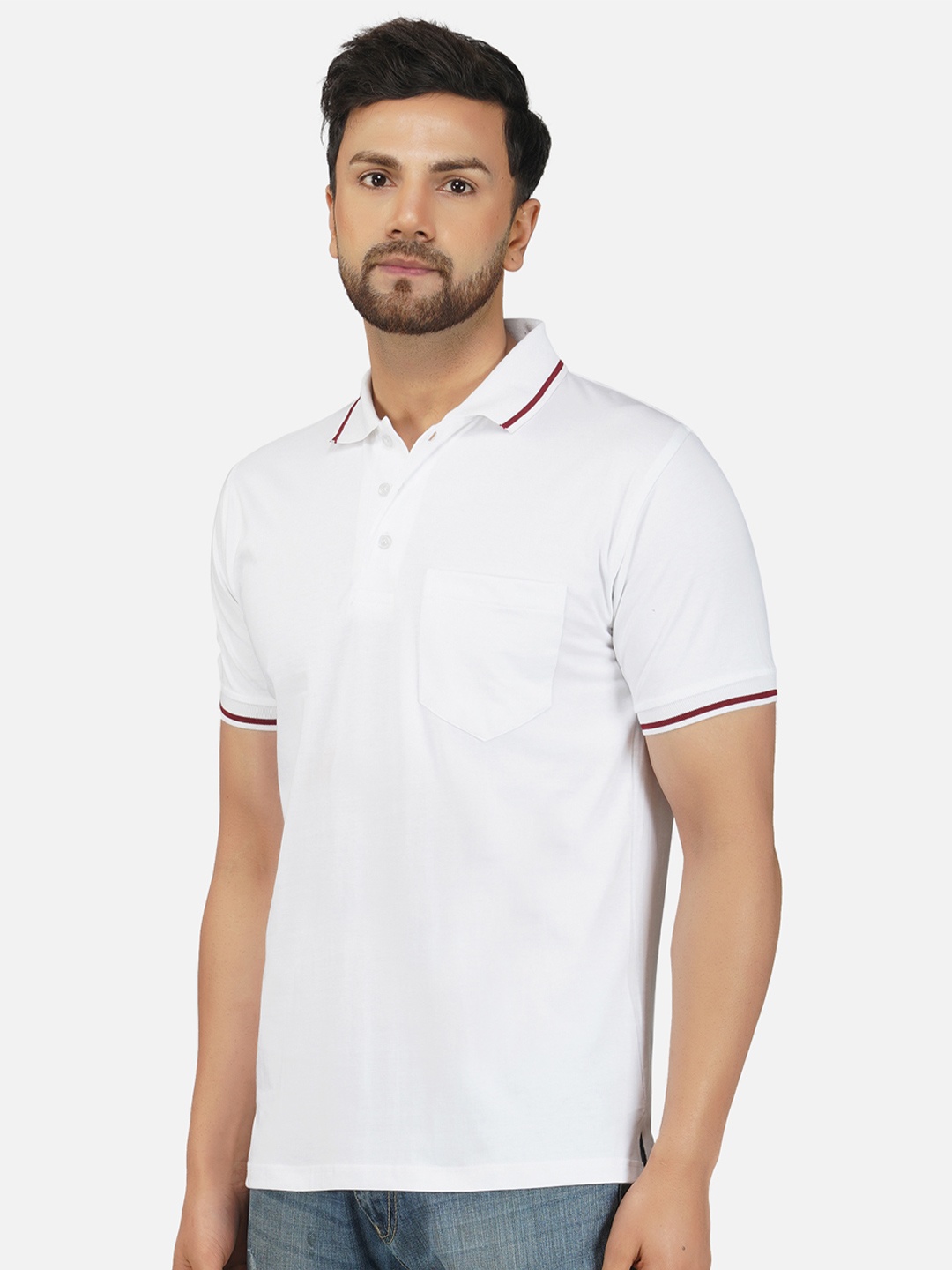 

ALARM Men Solid Polo Collar Cotton Slim Fit T-shirt, White