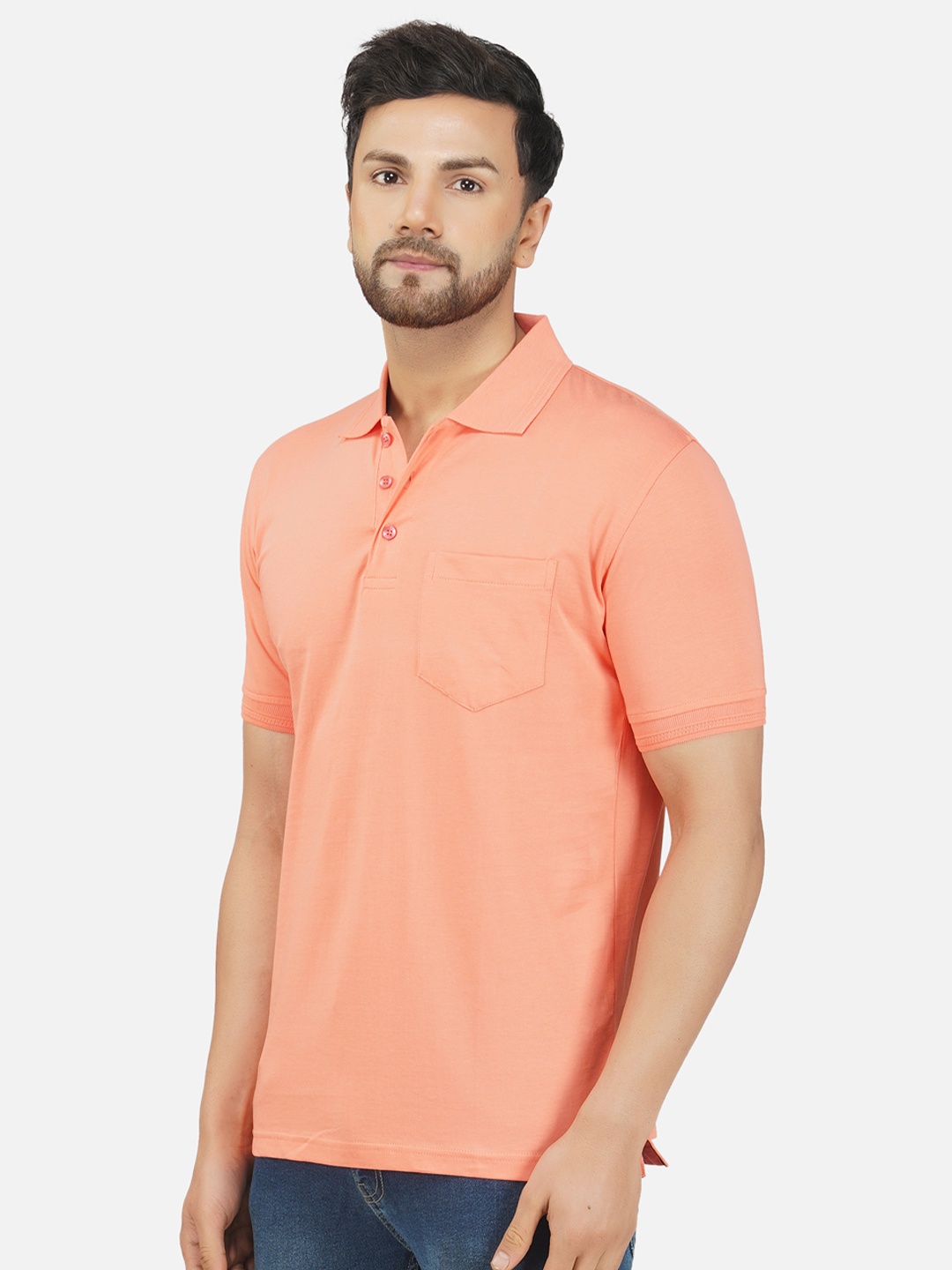 

ALARM Men Solid Polo Collar Cotton Slim Fit T-shirt, Peach