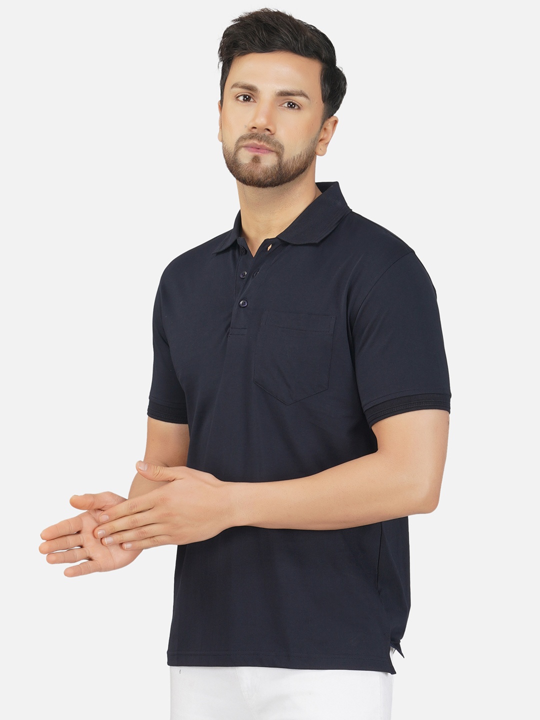 

ALARM Men Solid Polo Collar Cotton Slim Fit T-shirt, Navy blue