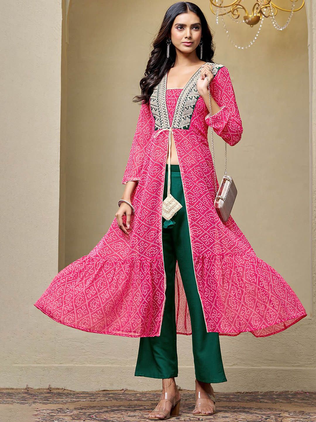 

Sangria Rani Pink Bandhani Printed Notch Neck Zari Georgette A-Line Kurta With Palazzo