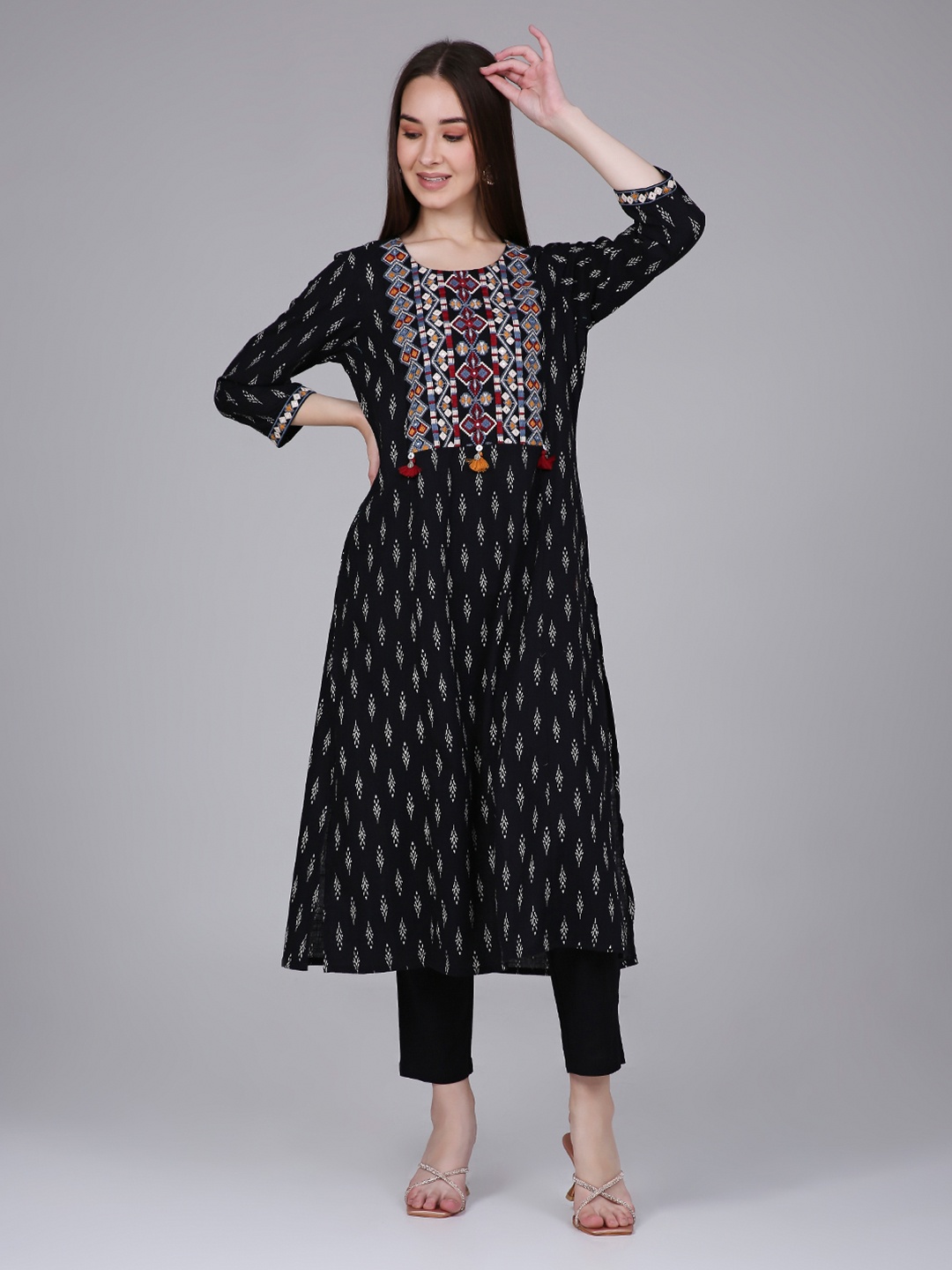

Saffron Ethnic Motifs Printed Thread Work Pure Cotton Straight Kurtas, Black