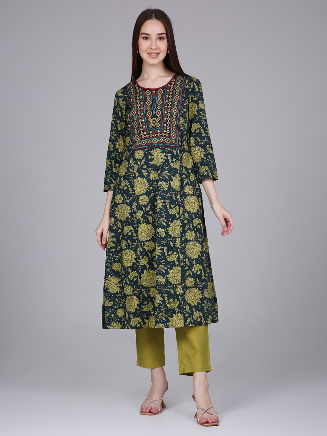 

Saffron Threads Panelled Floral Printed Embroidered Pure Cotton A-Line Kurta, Green