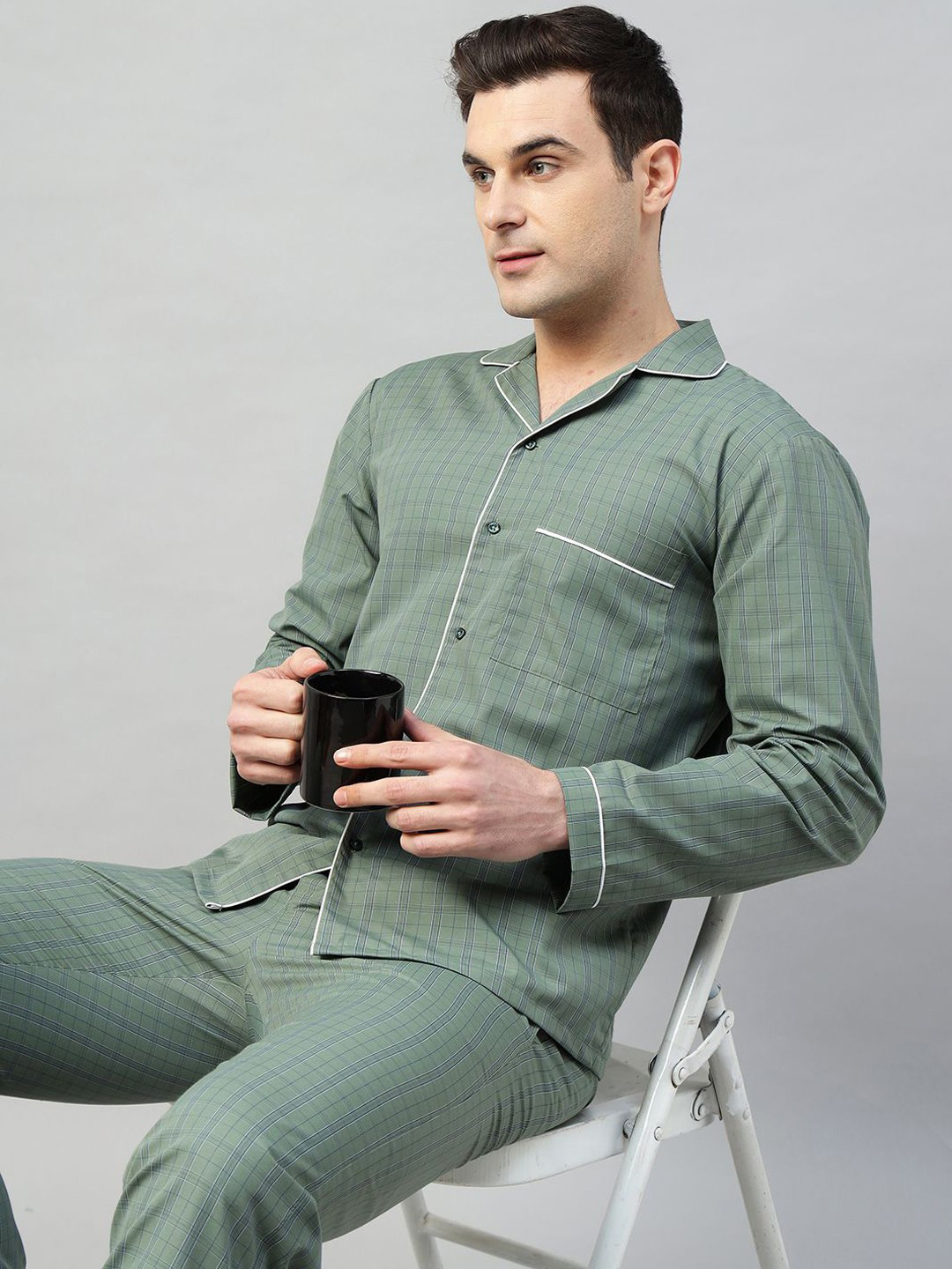 

English Navy Men Checked Night suit, Green