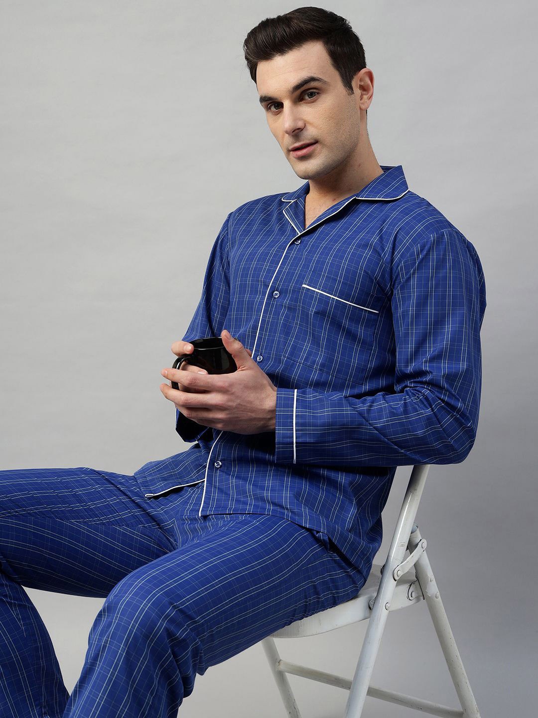 

English Navy Men Windowpane Checked Wrinkle Resistant Night suit, Blue