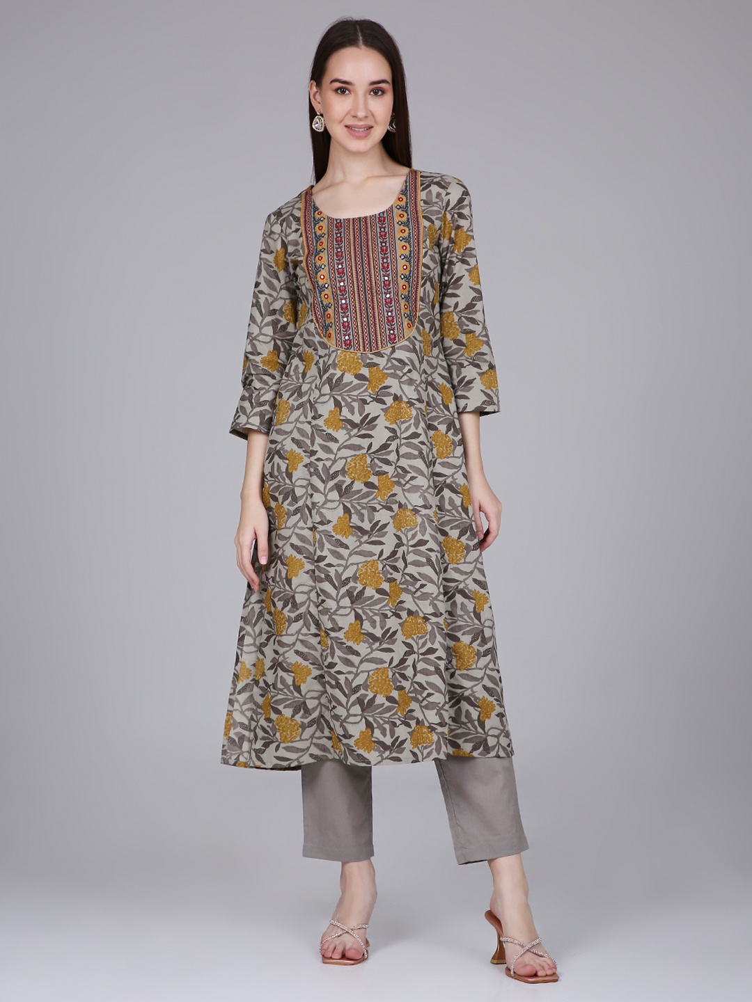 

Saffron Threads Panelled Floral Printed Embroidered Pure Cotton A-Line Kurta, Grey