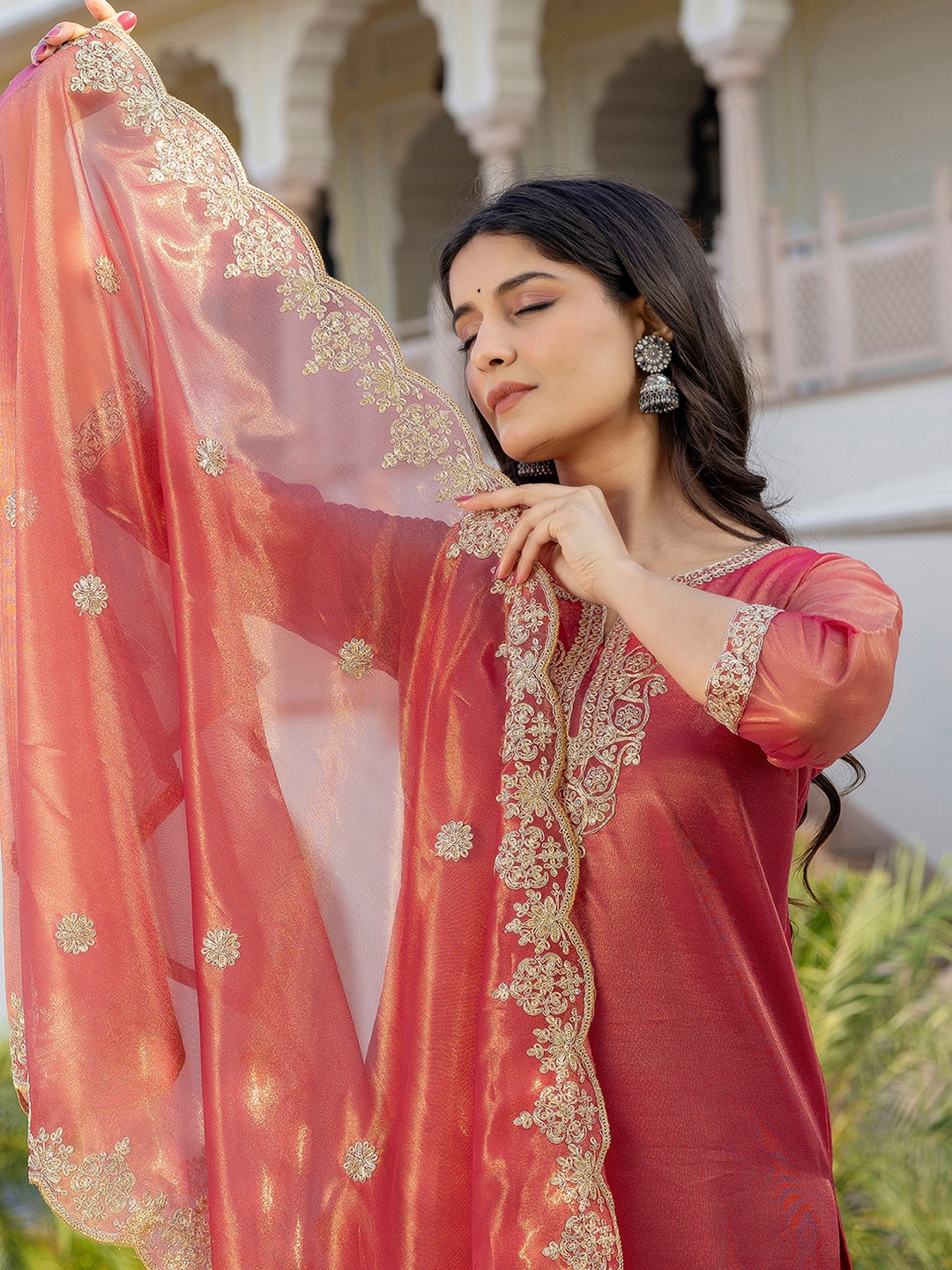 

KALINI Floral Yoke Design Notch Neck Zari Net Straight Kurta With Trousers And Dupatta, Orange