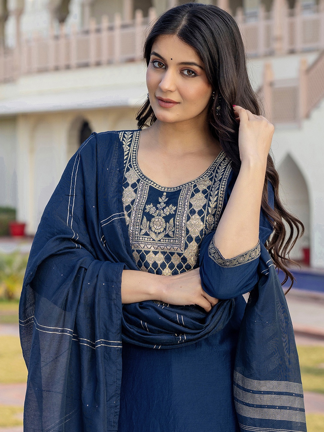 

KALINI Floral Yoke Design Round Neck Chinon Straight Kurta With Trousers And Dupatta, Blue